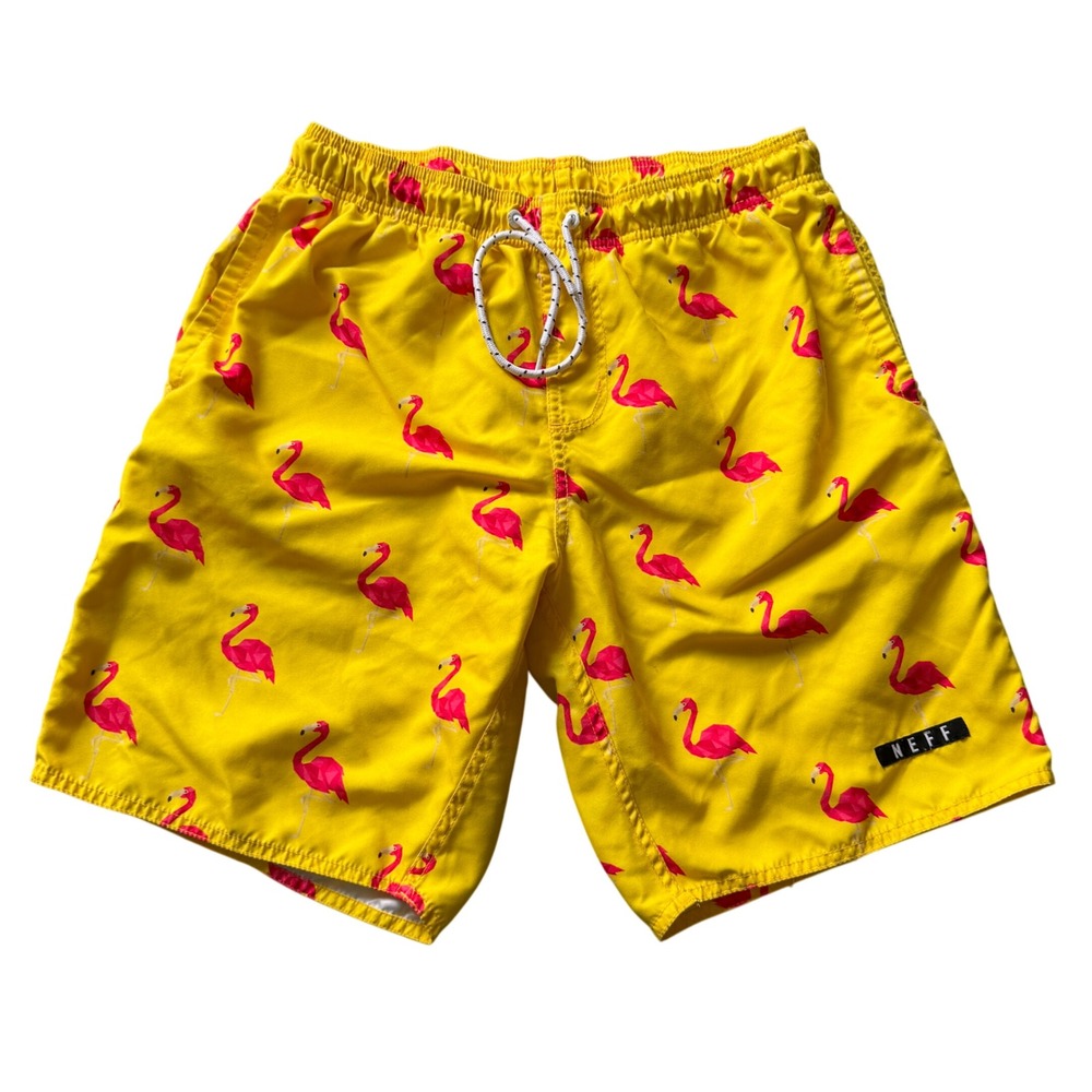 Neff Mens Flamingo Print Swim Trunks Yellow Pink Medium Board Shorts